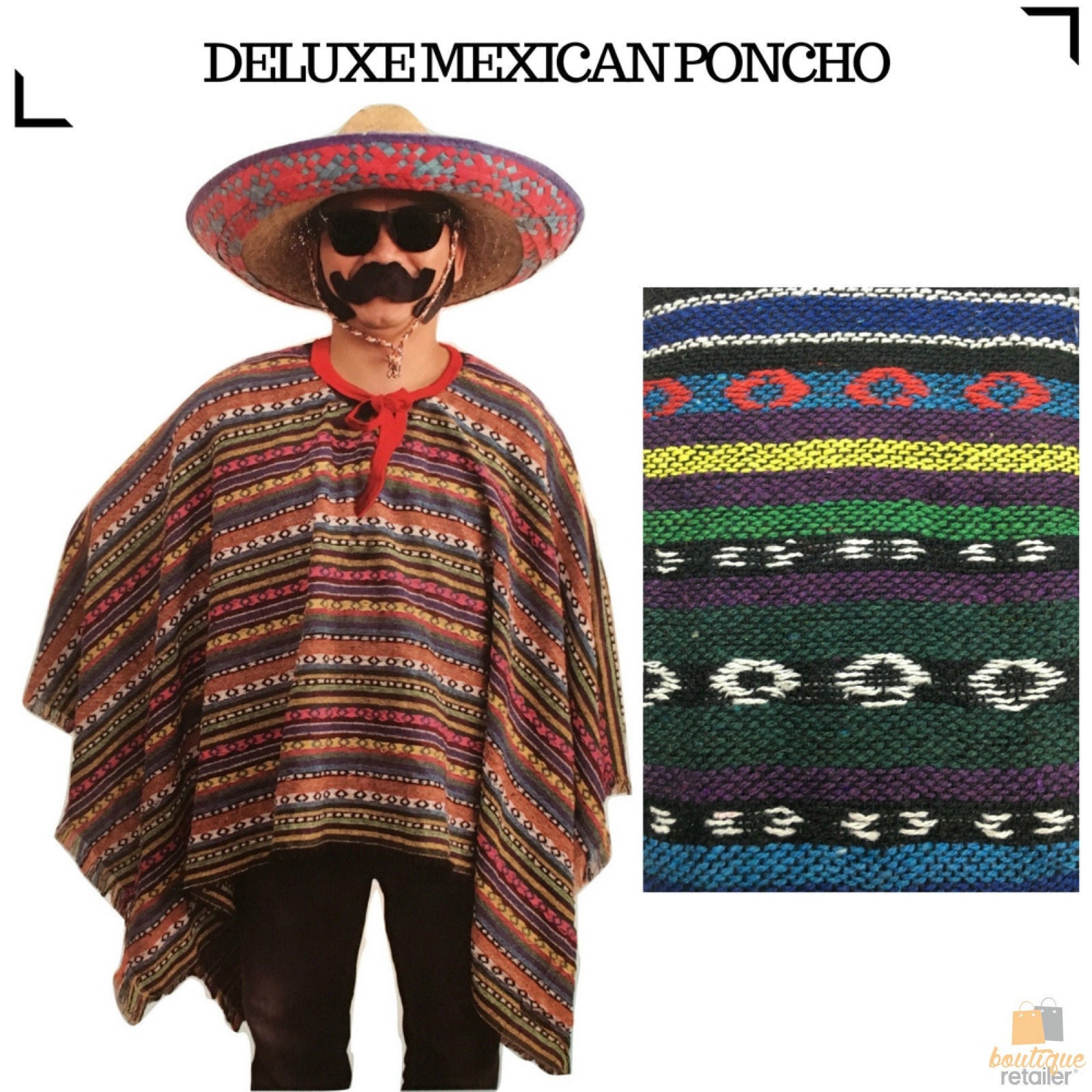 PREMIUM MEXICAN PONCHO Spanish Costume Wild West Cowboy Party Bandit 12467