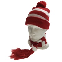 Red White Stripe BEANIE & SCARF SET Hat Where's Wally Waldo Costume Ski Winter Cap