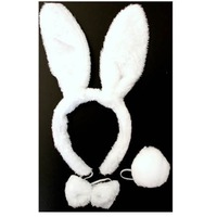 WHITE RABBIT EARS HEADBAND w Bow Tail Animal Costume Halloween Party Hair Accessory