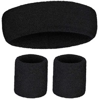 WRISTBAND & HEADBAND SET Tennis Terry Towelling Cotton Sweat Band Team Gym - Black