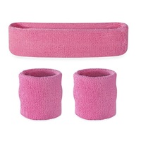 WRISTBAND & HEADBAND SET Tennis Terry Towelling Cotton Sweat Band Team Gym - Light Pink