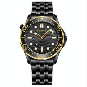 30M Waterproof Men Quartz Watch - Black Steel With Inter-Gold Accents And Luminous Dial
