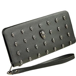 Leather Wristlet Handbag With Metal Skull Design