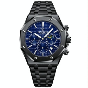 Waterproof Business Quartz Watch In Black Steel-Blue - Multifunctional