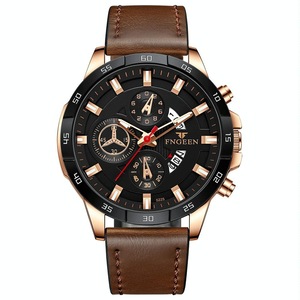 Waterproof Quartz Watch With Brown Leather Strap And Rose Shell Design