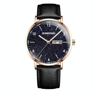 Waterproof Ultra-Thin Quartz Luminous Starry Watch With Black Leather And Rose Gold Accents