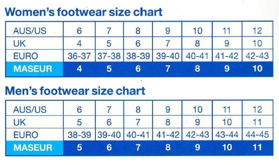 Maseur sandals clearance size chart