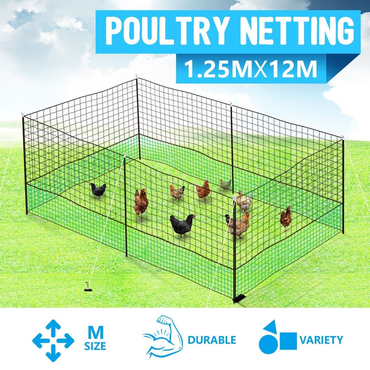 12M X 1.25M Poultry Net Chicken Netting Fence Hens Ducks Gooses With 6 ...