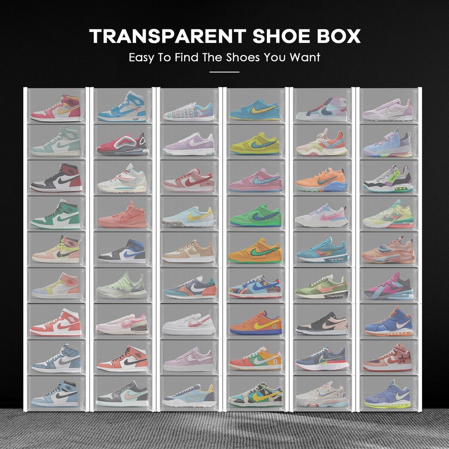12PCS Plastic Shoe Boxes Clear Stackable Organiser Transparent Storage Containers Sneaker Display Cases Bins Holder Organizer Unit