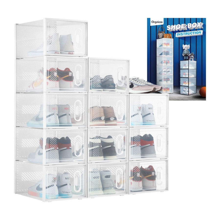 12PCS Plastic Shoe Boxes Clear Stackable Organiser Transparent Storage Containers Sneaker Display Cases Bins Holder Organizer Unit