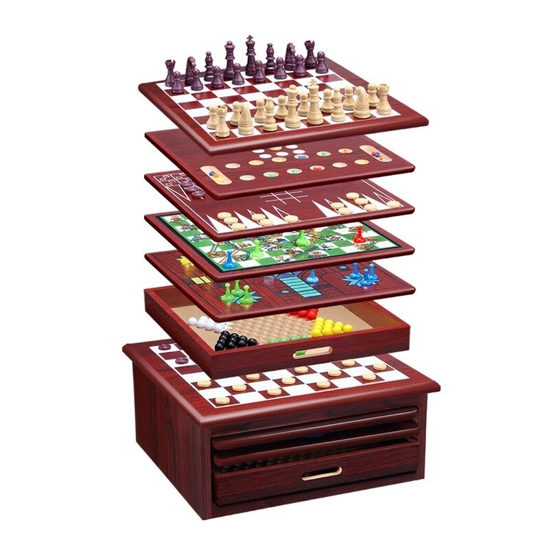15 in 1 Chess Game Set Wooden Board Game Checker Backgammon Solitaire
