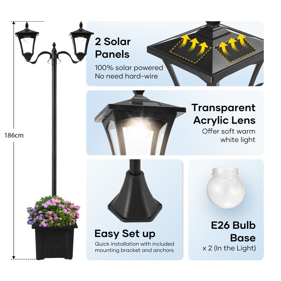186cm Solar Led Light Post Planter Outdoor Street Garden Security Pole Lamp Driveway Pathway Patio Yard Energy Powered Pillar Lantern Double Lights