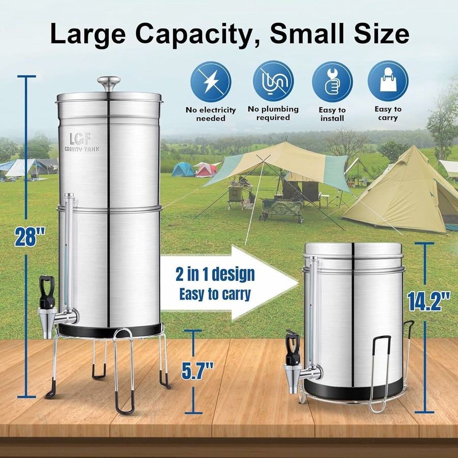 2.9 Gallon Gravity-fed Water Filter System, Stainless Steel Countertop Filter System with 2 Filters and Stand, Reduce 99% Chlorine