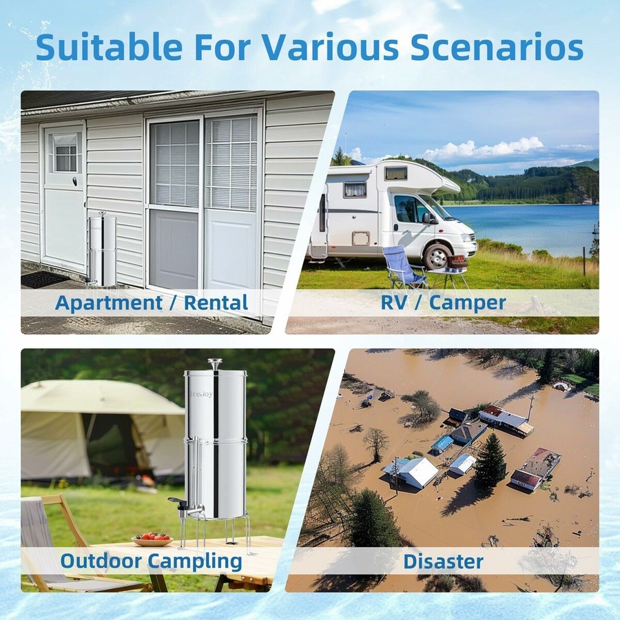 2.9 Gallon Gravity-fed Water Filter System, Stainless Steel Countertop Filter System with 2 Filters and Stand, Reduce 99% Chlorine