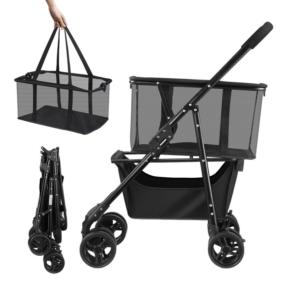 Buy 2 Tier Foldable Shopping Trolley with Wheels Collapsible Grocery ...