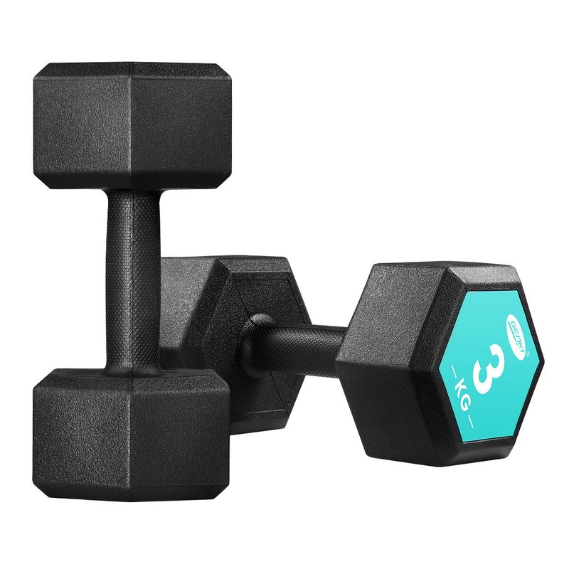 2 x Genki Hex Dumbbell Barbell Set 3kg Rubber Encased Fitness Home Gym