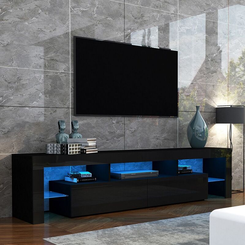 200cm TV Stand Cabinet 2 Drawers LED Entertainment Unit Wood Storage ...