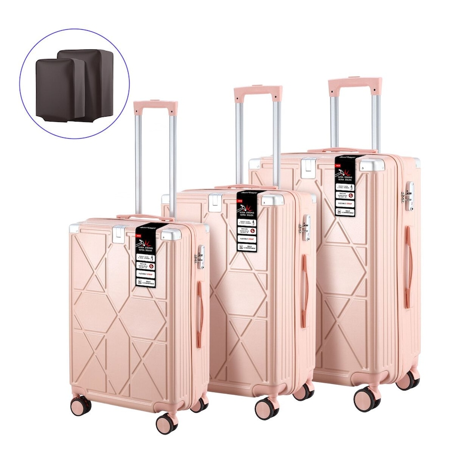 3 Piece Luggage Suitcase Set Carry On Traveller Bag Hard Shell Cabin Baggage Travel Case Lightweight Rolling Trolley TSA Lock Front Hook 2 Covers Pink