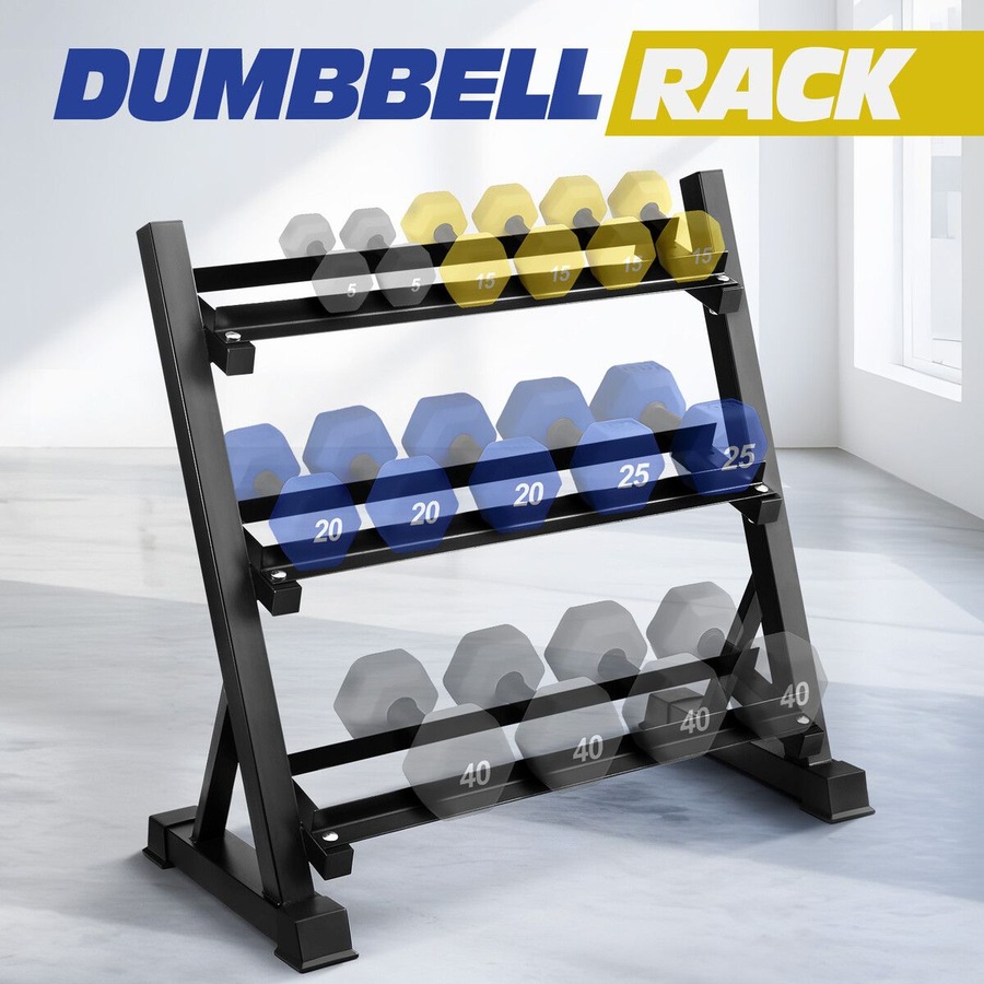 3 Tier Dumbbell Rack Weight Set Stand Home Gym Storage Racking Kettlebell Organizer Heavy Duty 300KG Adjustable Vertical Space Saving Holder Steel