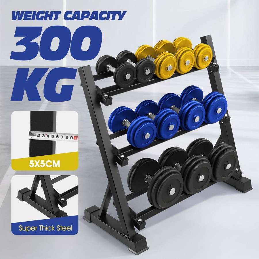 3 Tier Dumbbell Rack Weight Set Stand Home Gym Storage Racking Kettlebell Organizer Heavy Duty 300KG Adjustable Vertical Space Saving Holder Steel