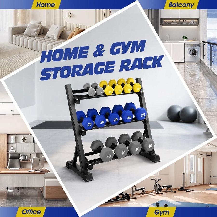 3 Tier Dumbbell Rack Weight Set Stand Home Gym Storage Racking Kettlebell Organizer Heavy Duty 300KG Adjustable Vertical Space Saving Holder Steel