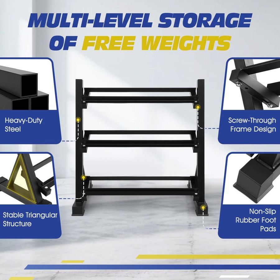 3 Tier Dumbbell Rack Weight Set Stand Home Gym Storage Racking Kettlebell Organizer Heavy Duty 300KG Adjustable Vertical Space Saving Holder Steel