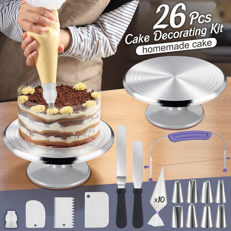 12 Inch Cake Turntable Cake Decorating Kit Supplies, 7 Pcs Baking Supplies  Aluminium Alloy Revolving Cake Decorating Stand, with 3 Icing Smoother,  Icing Spatula, Silicone Spatula, Cake Cutters