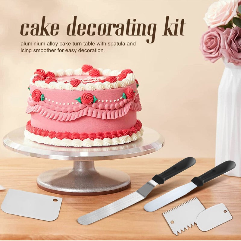 12 Inch Cake Turntable Cake Decorating Kit Supplies, 7 Pcs Baking Supplies  Aluminium Alloy Revolving Cake Decorating Stand, with 3 Icing Smoother,  Icing Spatula, Silicone Spatula, Cake Cutters
