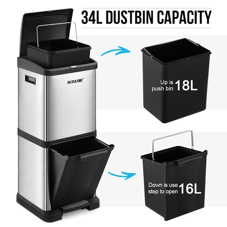 34L Rubbish Bin Pedal Dustbin Kitchen Waste Garbage Trash Can Household Stepbin Dual Two Layer Press Top