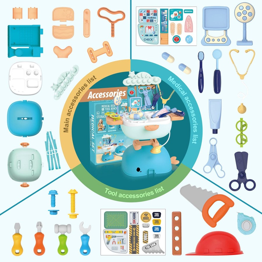 4 In 1 Pretend Toy Doctor Kit Dentist Medical Tools Work Bench Play Table Desk Sensory Centre Stethoscope Backpack Case 39 Pieces Children Gifts