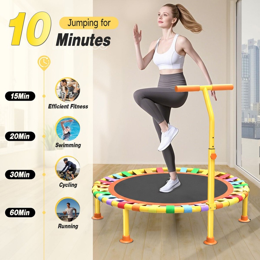 40 Inch Kids Trampoline Jumping Bungee Bounce Rebounder Home Gym Exercise Fitness Equipment Indoor Outdoor Cardio Workout Foldable Adjustable Handrail