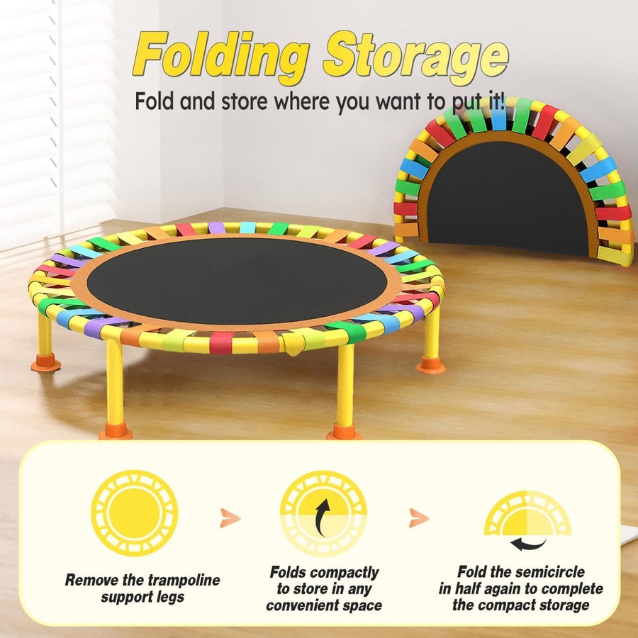 40 Inch Kids Trampoline Jumping Bungee Bounce Rebounder Home Gym Exercise Fitness Equipment Indoor Outdoor Cardio Workout Foldable Adjustable Handrail