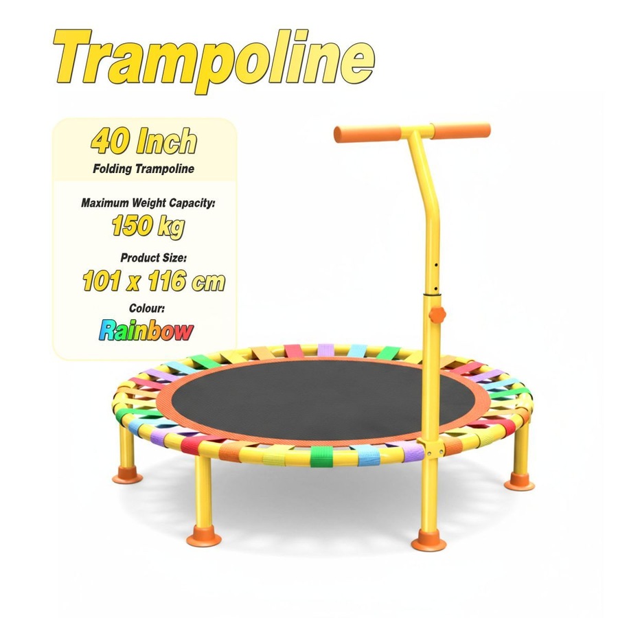 40 Inch Kids Trampoline Jumping Bungee Bounce Rebounder Home Gym Exercise Fitness Equipment Indoor Outdoor Cardio Workout Foldable Adjustable Handrail