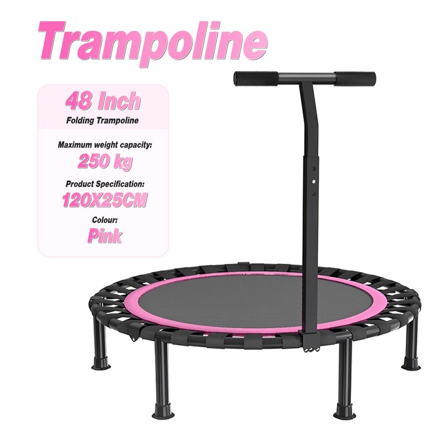 48 Inch Folding Trampoline with T-Rails Pink Red Home Fitness Bouncer Indoor and Outdoor Bungee Training Equipment Men Women Children Portable Bouncer Home
