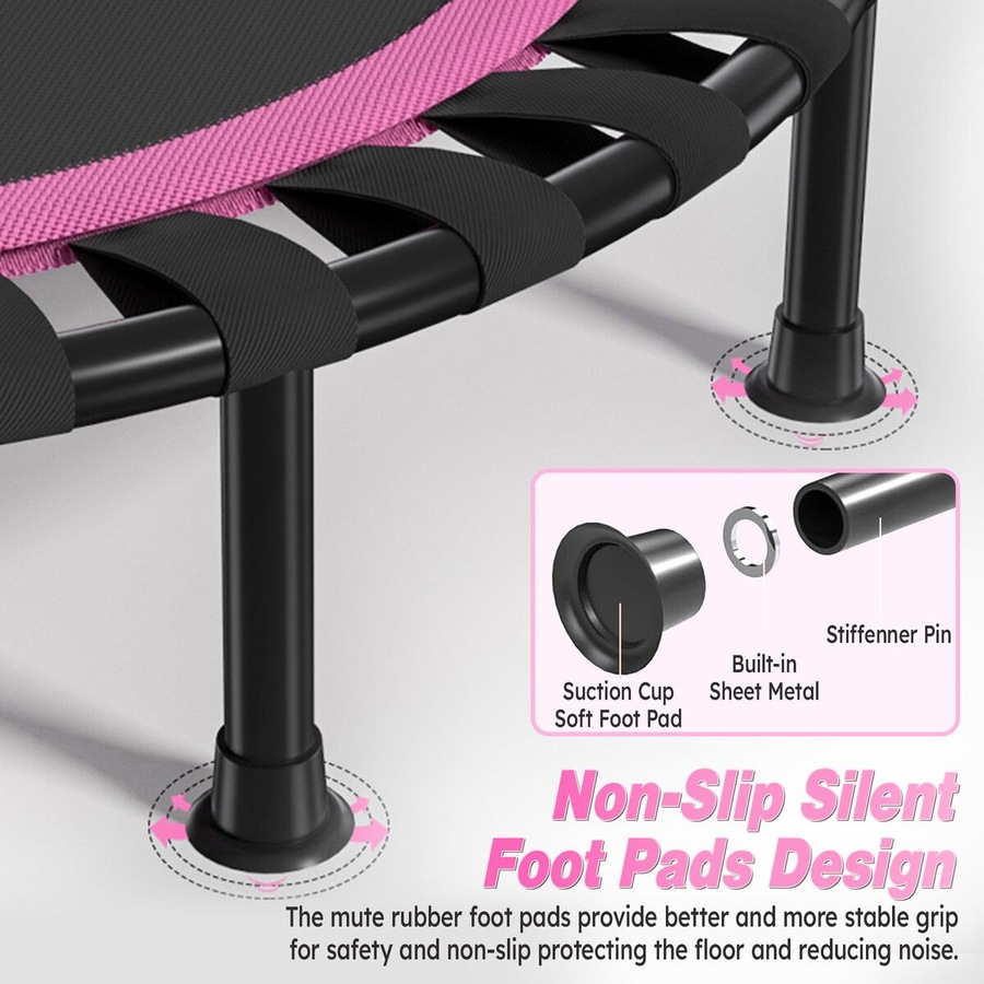 48 Inch Folding Trampoline with T-Rails Pink Red Home Fitness Bouncer Indoor and Outdoor Bungee Training Equipment Men Women Children Portable Bouncer Home