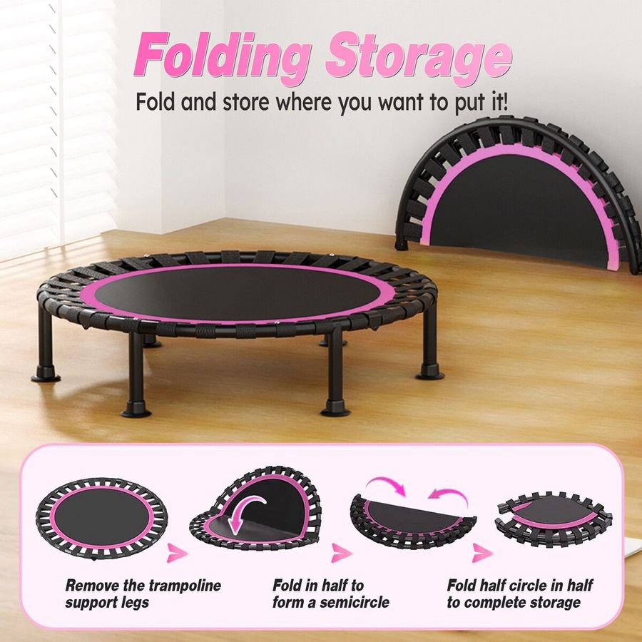 48 Inch Folding Trampoline with T-Rails Pink Red Home Fitness Bouncer Indoor and Outdoor Bungee Training Equipment Men Women Children Portable Bouncer Home