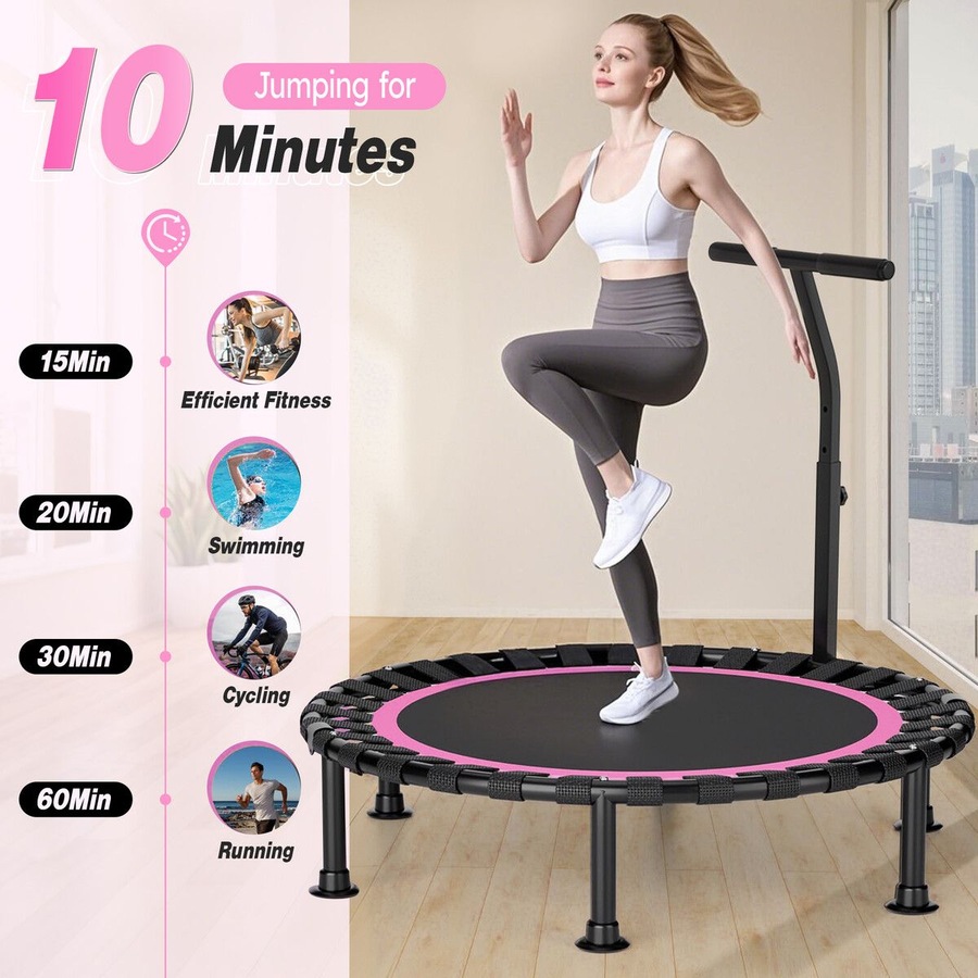 48 Inch Folding Trampoline with T-Rails Pink Red Home Fitness Bouncer Indoor and Outdoor Bungee Training Equipment Men Women Children Portable Bouncer Home