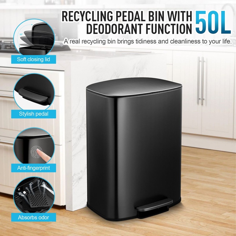 50L Pedal Recycling Bin Kitchen Rubbish Trash Garbage Waste Trashcan Black Dustbin Step Container Soft Closing Lid Rectangular for Home Indoor Office