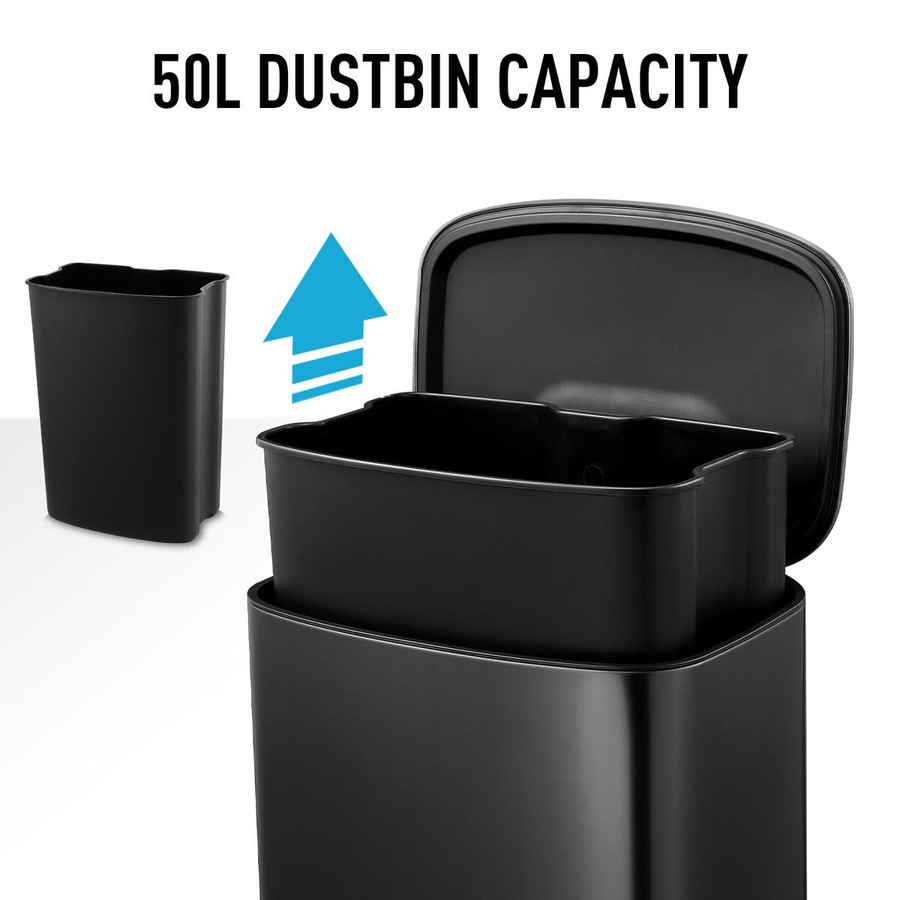 50L Pedal Recycling Bin Kitchen Rubbish Trash Garbage Waste Trashcan Black Dustbin Step Container Soft Closing Lid Rectangular for Home Indoor Office