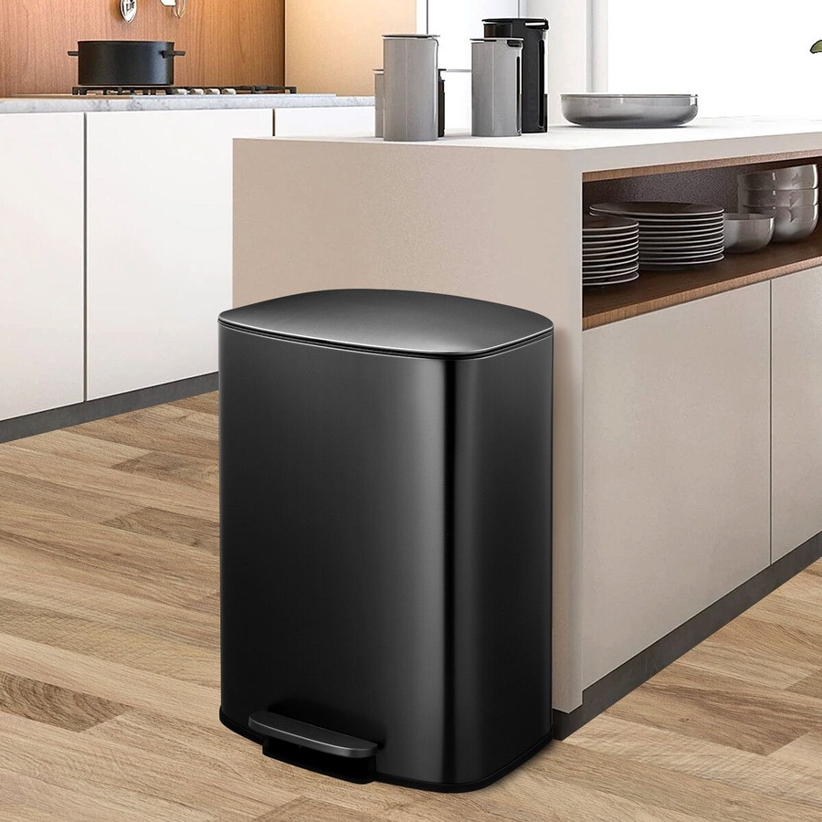 50L Pedal Recycling Bin Kitchen Rubbish Trash Garbage Waste Trashcan Black Dustbin Step Container Soft Closing Lid Rectangular for Home Indoor Office