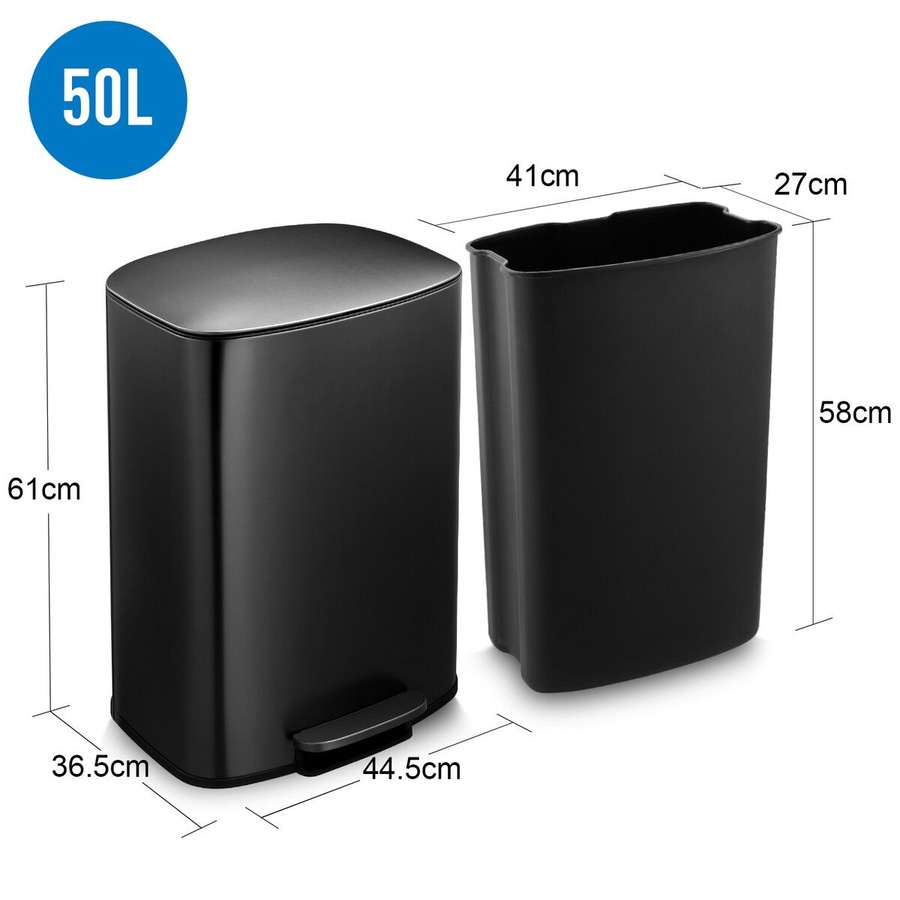 50L Pedal Recycling Bin Kitchen Rubbish Trash Garbage Waste Trashcan Black Dustbin Step Container Soft Closing Lid Rectangular for Home Indoor Office