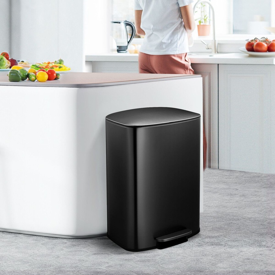 50L Pedal Recycling Bin Kitchen Rubbish Trash Garbage Waste Trashcan Black Dustbin Step Container Soft Closing Lid Rectangular for Home Indoor Office