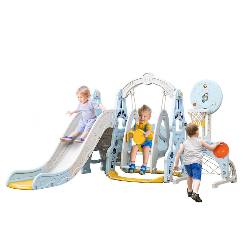 Buy 6 In 1 Slide Swing Set Freestanding Stairs Football Basketball Hoop 