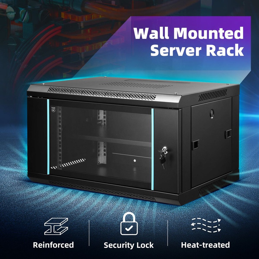 6U Network Server Cabinet Wall Mount Data Rack Enclosure 19 Inch Deep with Removable Side Panels Locking Glass Door for IT Computer Equipment