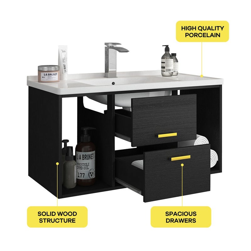 Buy 90cm Bathroom Cabinet Vanity with Sink 2 Drawers 2 Open Shelves Wall  Mount Black - MyDeal