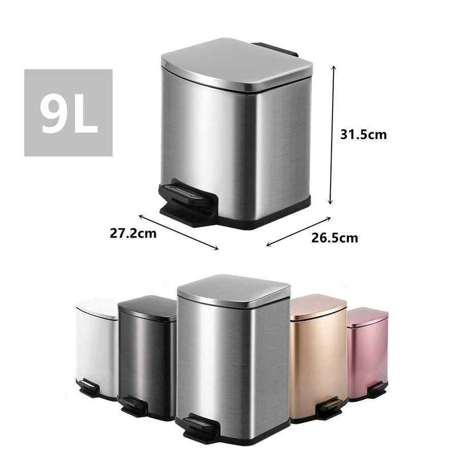 9L Small Rubbish Pedal Bin stainless steel waste bin Square 9L capacity Satin finish Soft Close for Kitchen Home Room