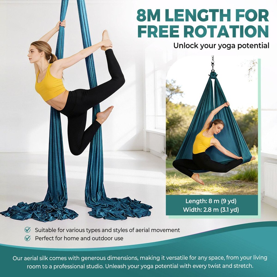 Aerial Silk Yoga Swing Hammock Starter Kit 8x2.8m Trapeze Inversion Exercise Gymnastics Antigravity Acrobatic Flying Strength Trainer Home Gym Workout
