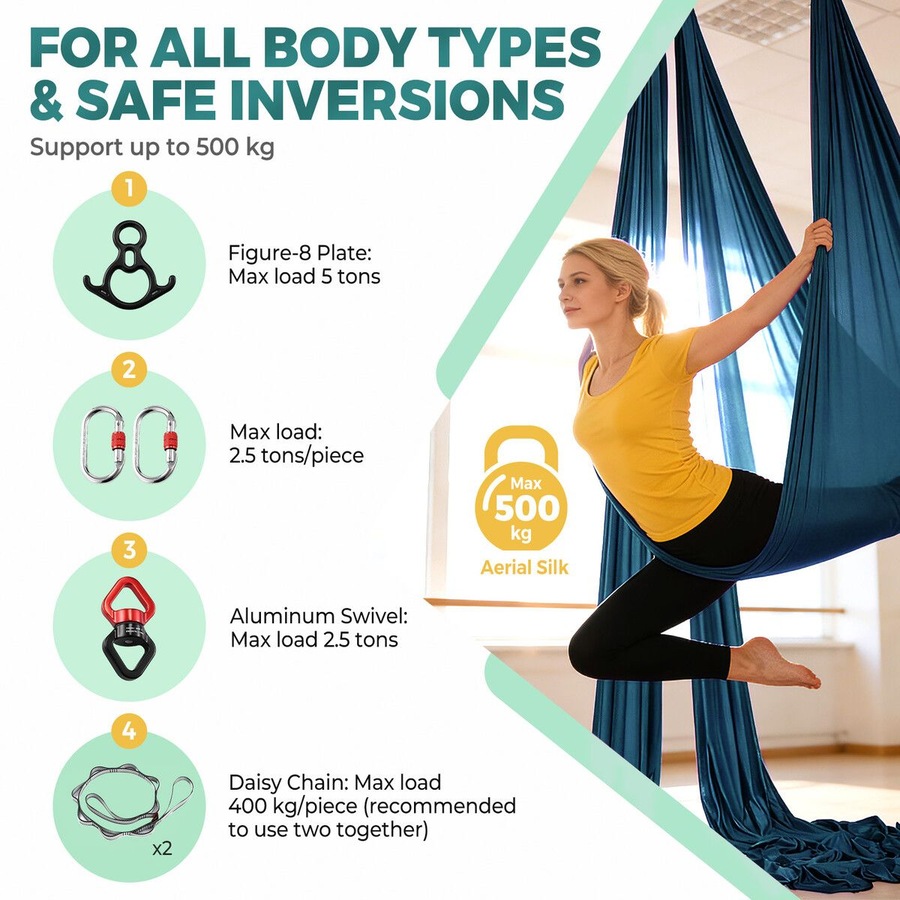 Aerial Silk Yoga Swing Hammock Starter Kit 8x2.8m Trapeze Inversion Exercise Gymnastics Antigravity Acrobatic Flying Strength Trainer Home Gym Workout
