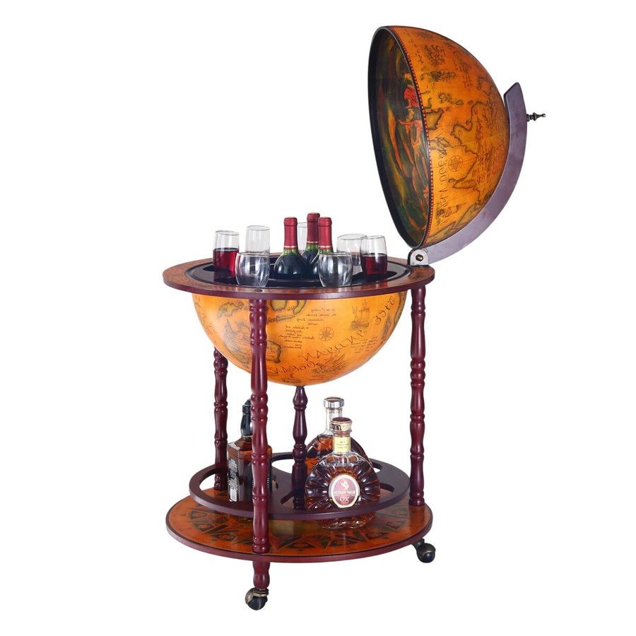 Antique Globe Alcohol Cabinet Bar Cart Drinks Wine Serving Trolley Bottle Organiser Mini Round Mobile Stand 55x55x95cm