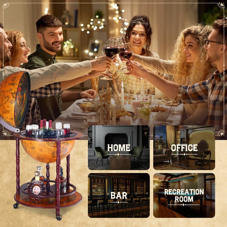 Antique Globe Alcohol Cabinet Bar Cart Drinks Wine Serving Trolley Bottle Organiser Mini Round Mobile Stand 55x55x95cm